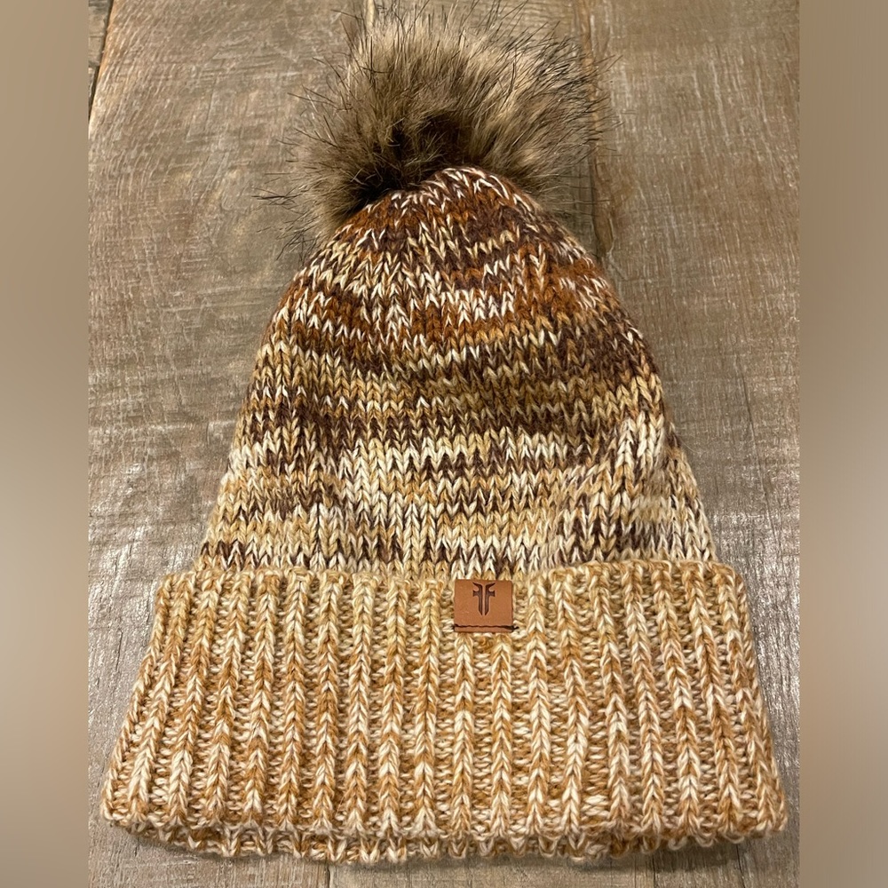 FRYE Beanie Hat Marled Cuffed w/ Pom Brown Multi  Women’s $58 New Without Tags